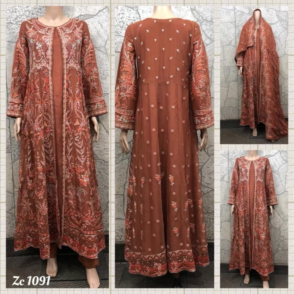 3 piece chiffon frock rust colored
